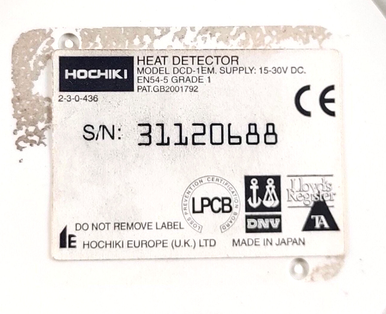 Hochiki / Deckma DCD-1EM Heat Detector With Base Type YBN-R/4M
