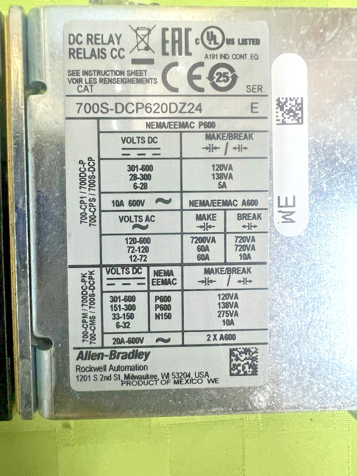 ALLEN BRADLEY 700S-DCP620DZ24 SAFETY CONTROL RELAY 600V DC COIL 8 POLE SER E NIB
