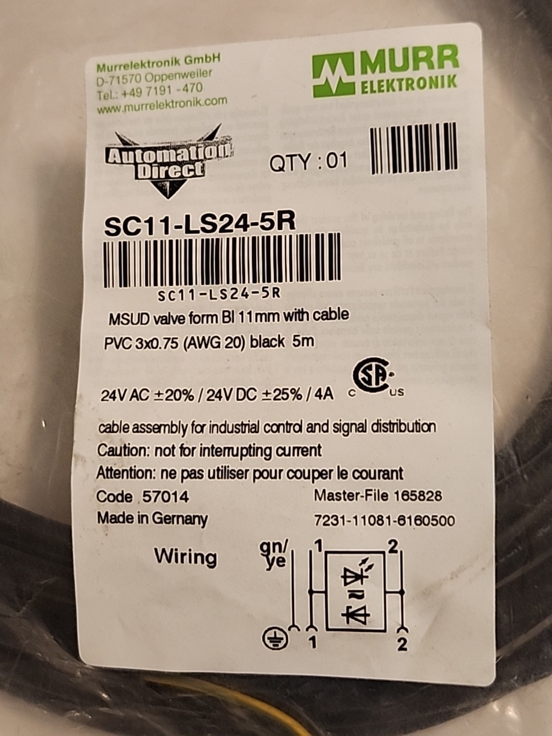 (NEW) MURR ELEKTRONIK / AUTOMATION DIRECT SC11-LS24-5R 24V Solenoid Valve Cable