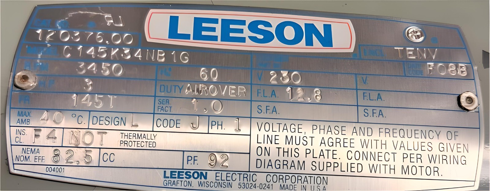 120376.00 Leeson 3hp 3450RPM 145TCFrame TENV 230V Fan Motor