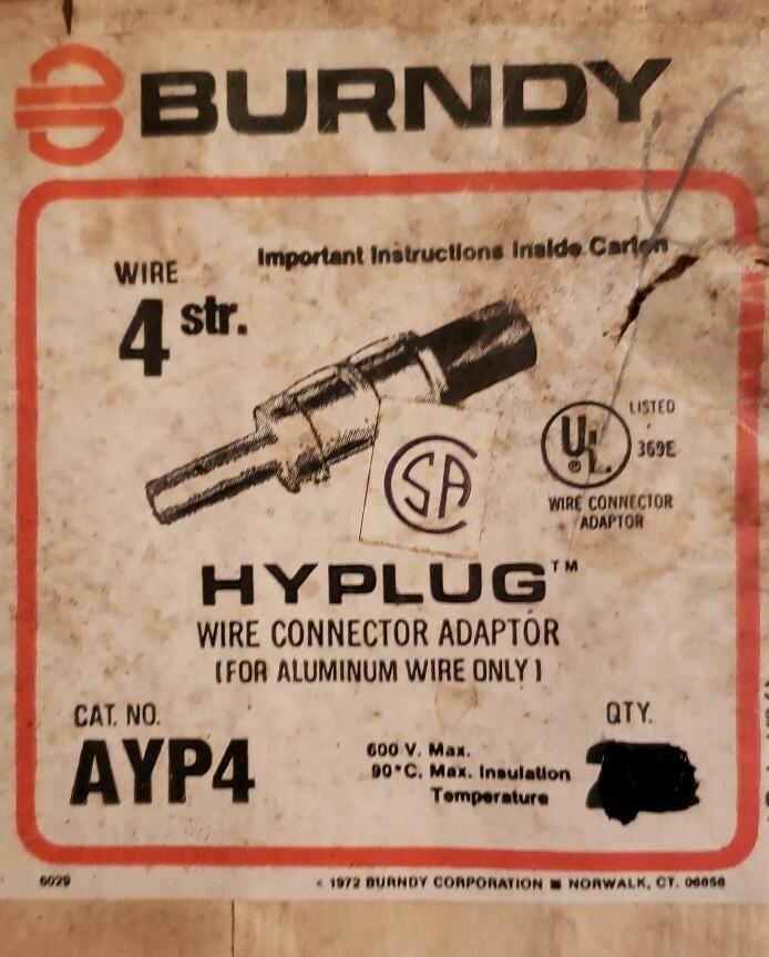 Burndy AYP4 HYPLUG  Alunimum Compression Adapters for #4 wire Lot of 5 Adapters