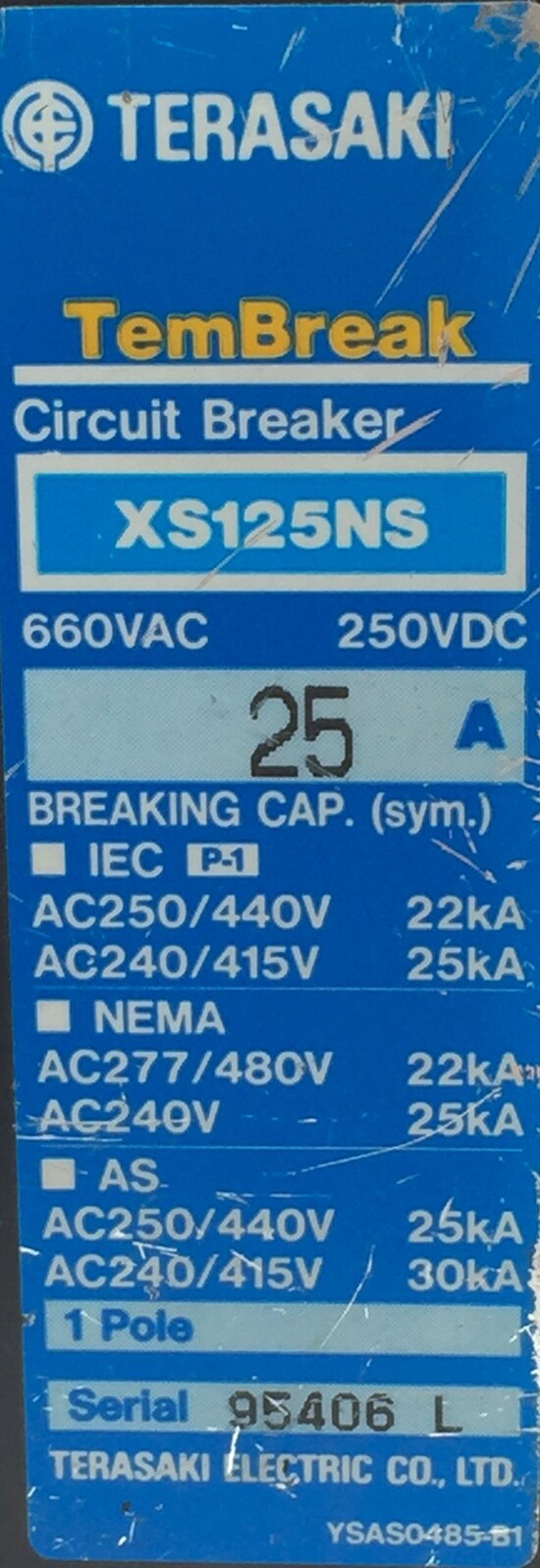 Terasaki Tembreak XS125NS MCCB 25A FC 1P AC240/415VAC 30kA 