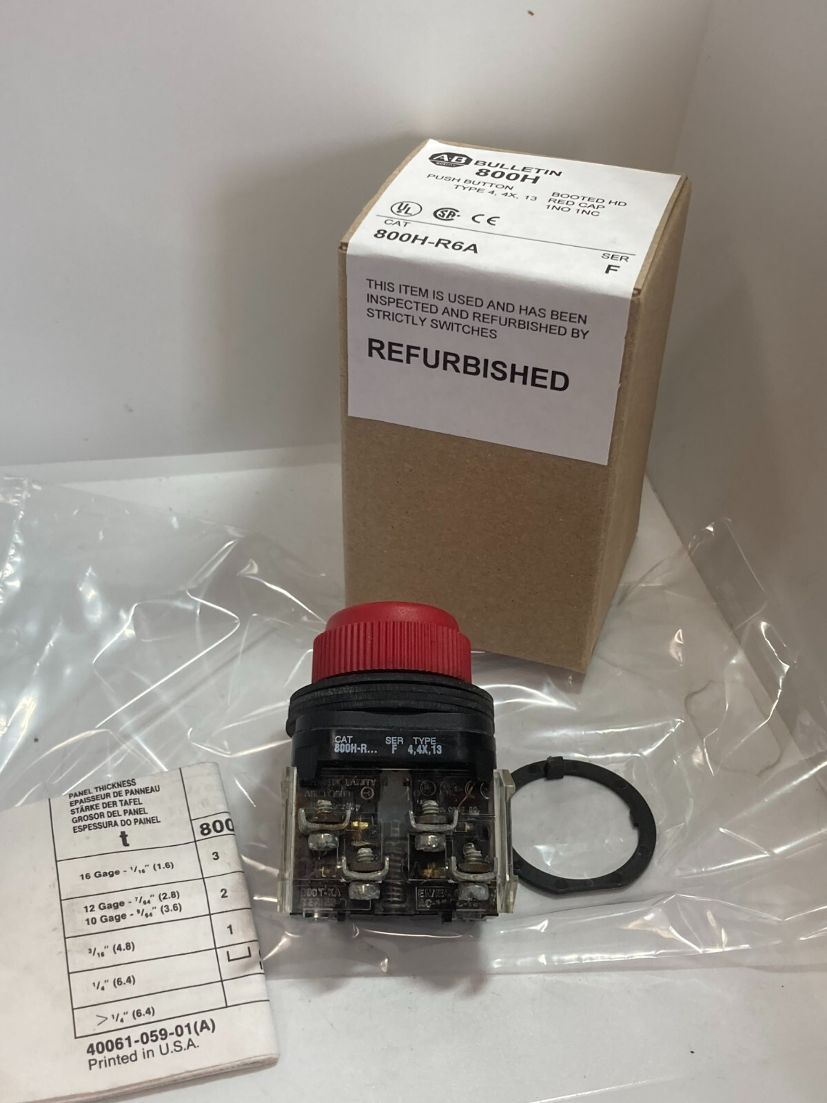 ALLEN BRADLEY 800H-R6A PUSHBUTTON BOOTED RED 1NO/1NC SERIES F