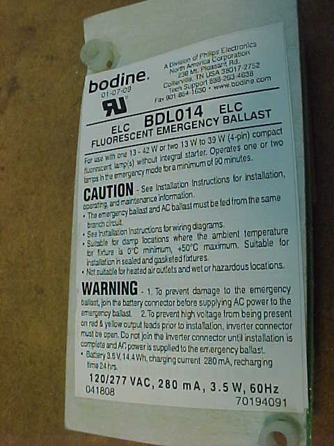 Never Used Philips Bodine BDL014 Fluorescent Emergency Ballast 120/277V