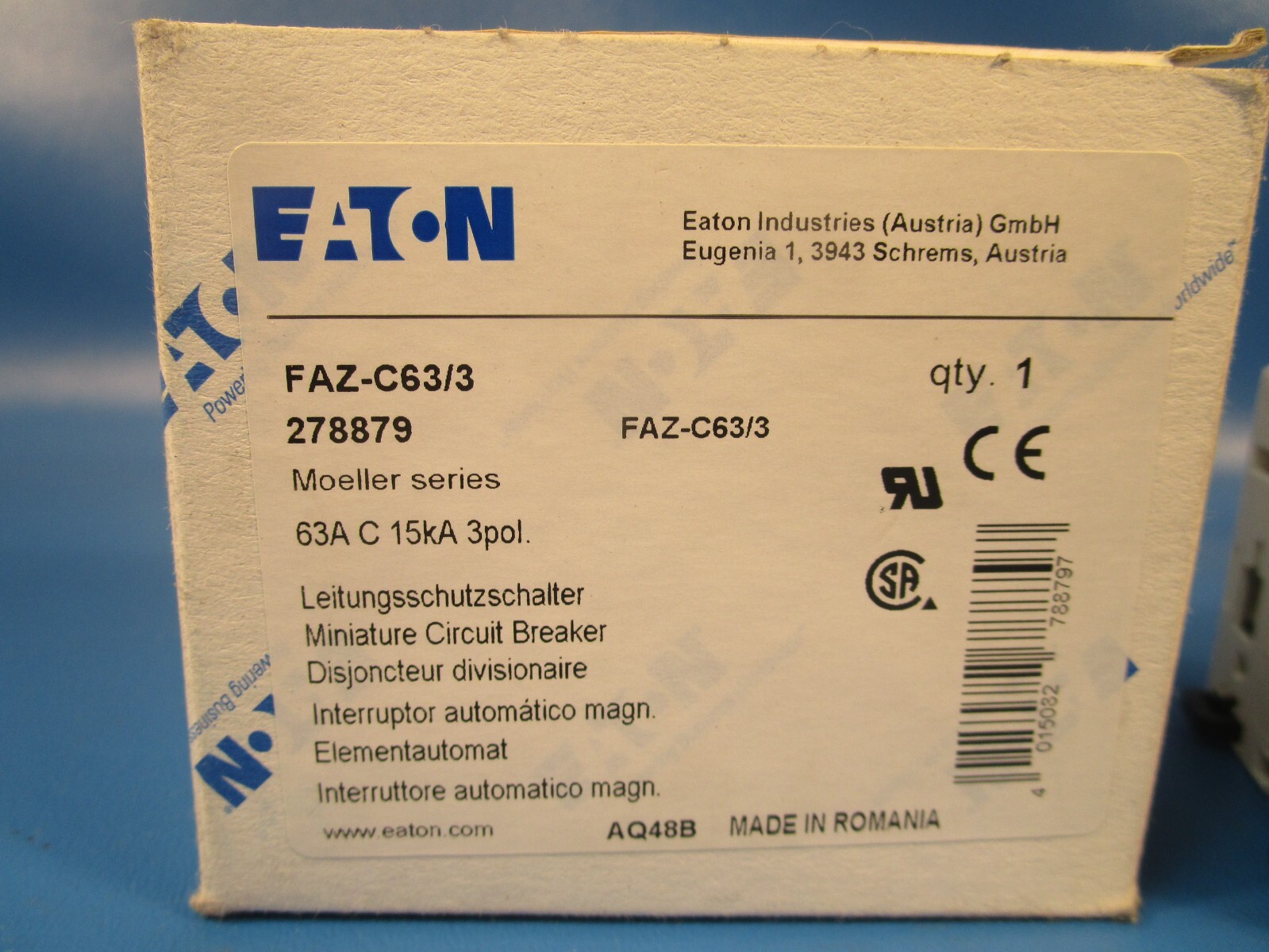 EATON FAZ-C63/3, 278879, Moeller Miniature Circuit Breaker, 63 A,15 kAIC