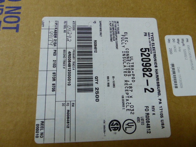 Amp 520982-2 Qty of 515 per Lot TERMINAL Female .187x.032 20-16AWG 600V