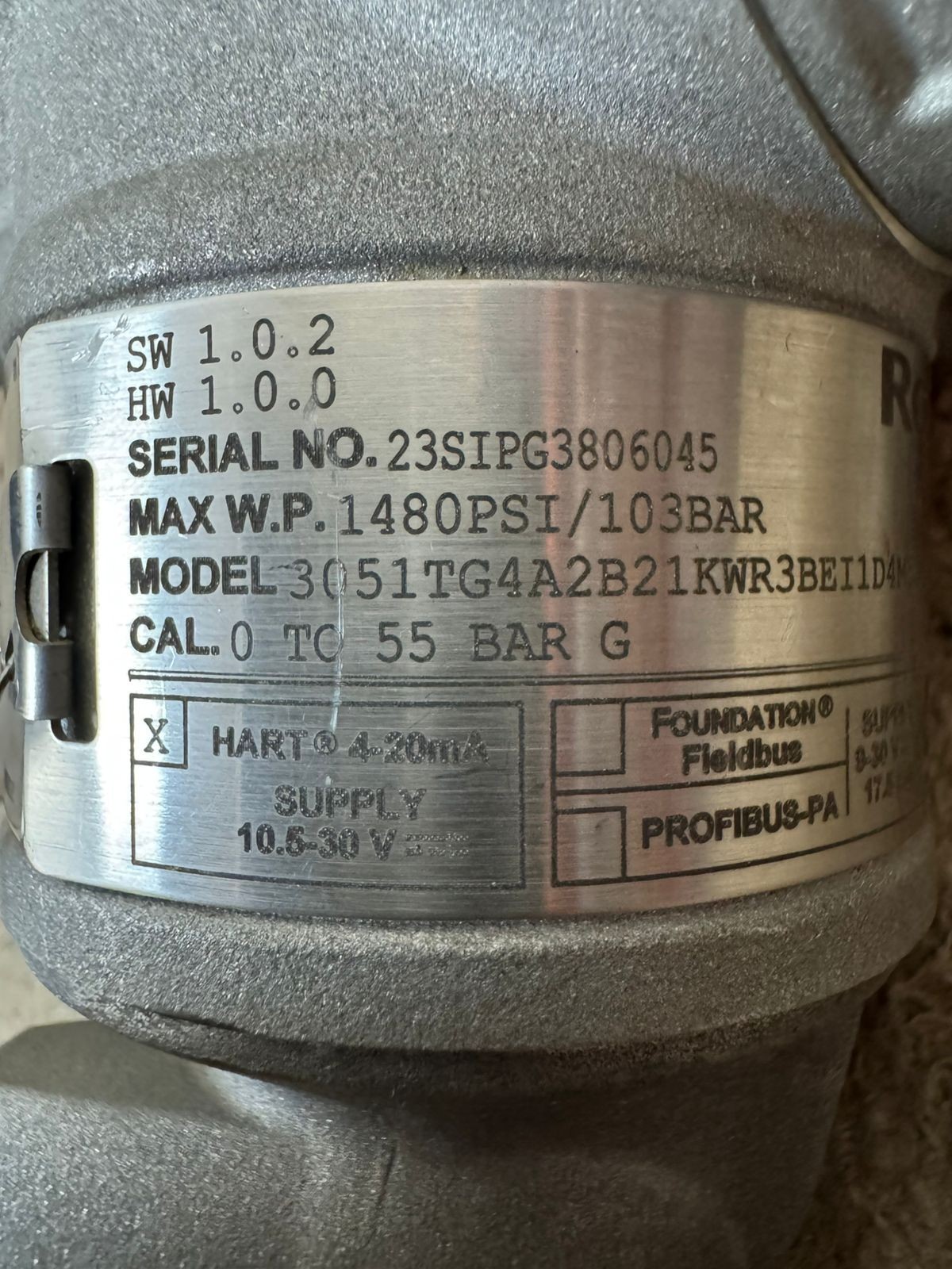 Rosemount / Pressure Transmitter / 3051TG4 / WP 1480PSI-103BAR / Cal. 0-55BAR G