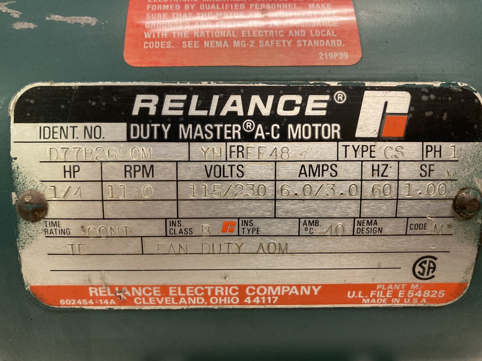Reliance,D77B2690M,1/4 Hp AC Motor 1140RPM 208-230/460 Volts 56C Frame