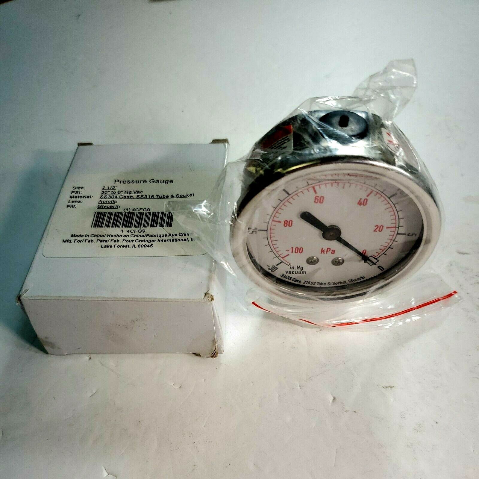 Grainger 4CFG9 Vacuum Gauge 30-0 In Hg Glycerin Filled 1/4″ NPT Stainless