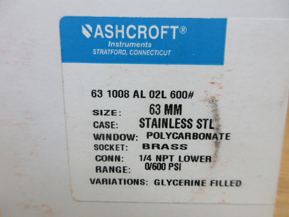 Ashcroft 63 1008 AL 02L 600# Pressure Gauge 631008AL02L600#