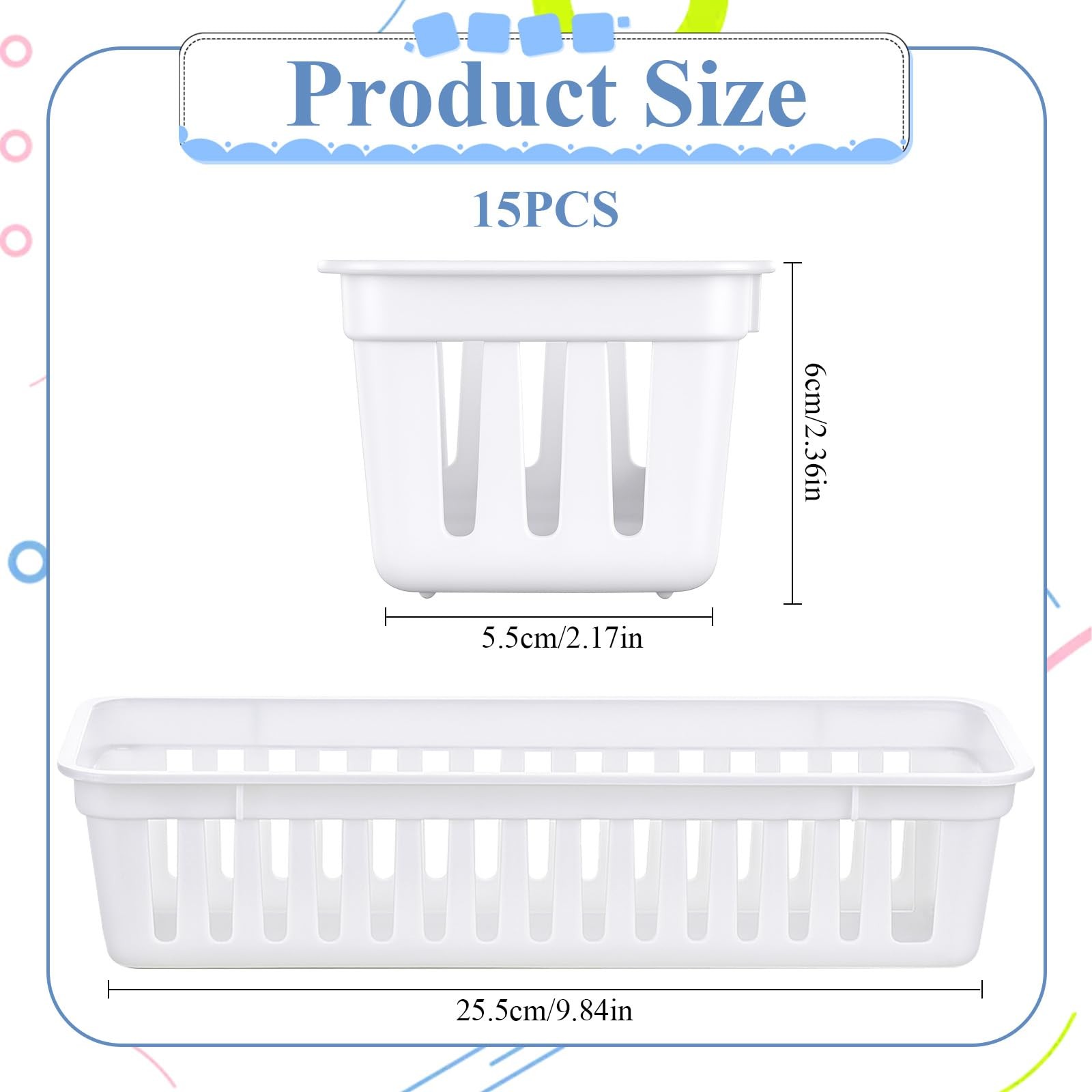 15 Pack Slim Plastic Storage Baskets Tray for Organizing, 9.84 X 2.17 X White