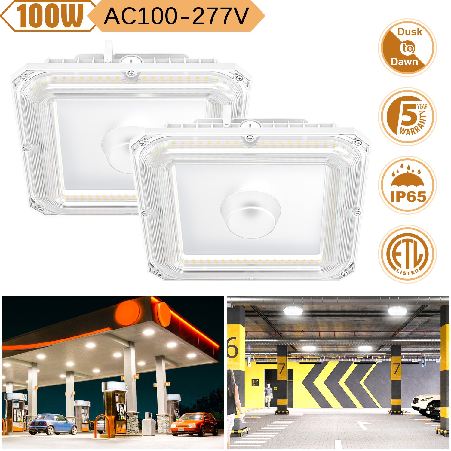 2 PACK 100W LED Canopy Light Outdoor Gas Station Parking Lot Light Dusk To Dawn