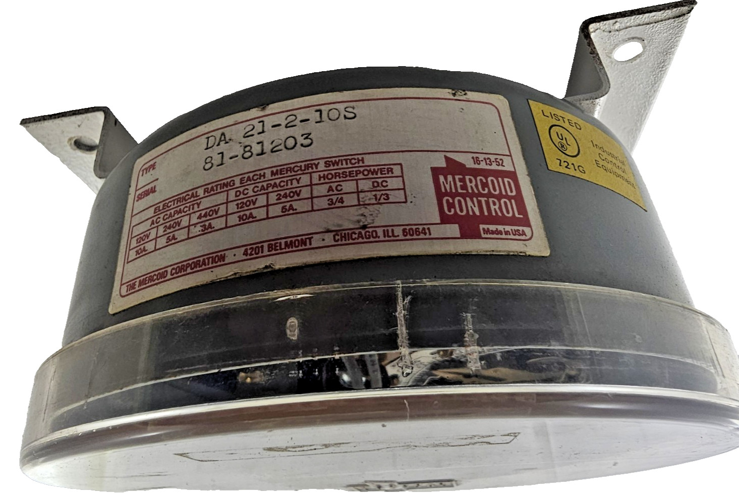 Mercoid DA-21-3-10S Bourdon Tube Pressure Switch 25-600PSIG 125/250V 5A SPST