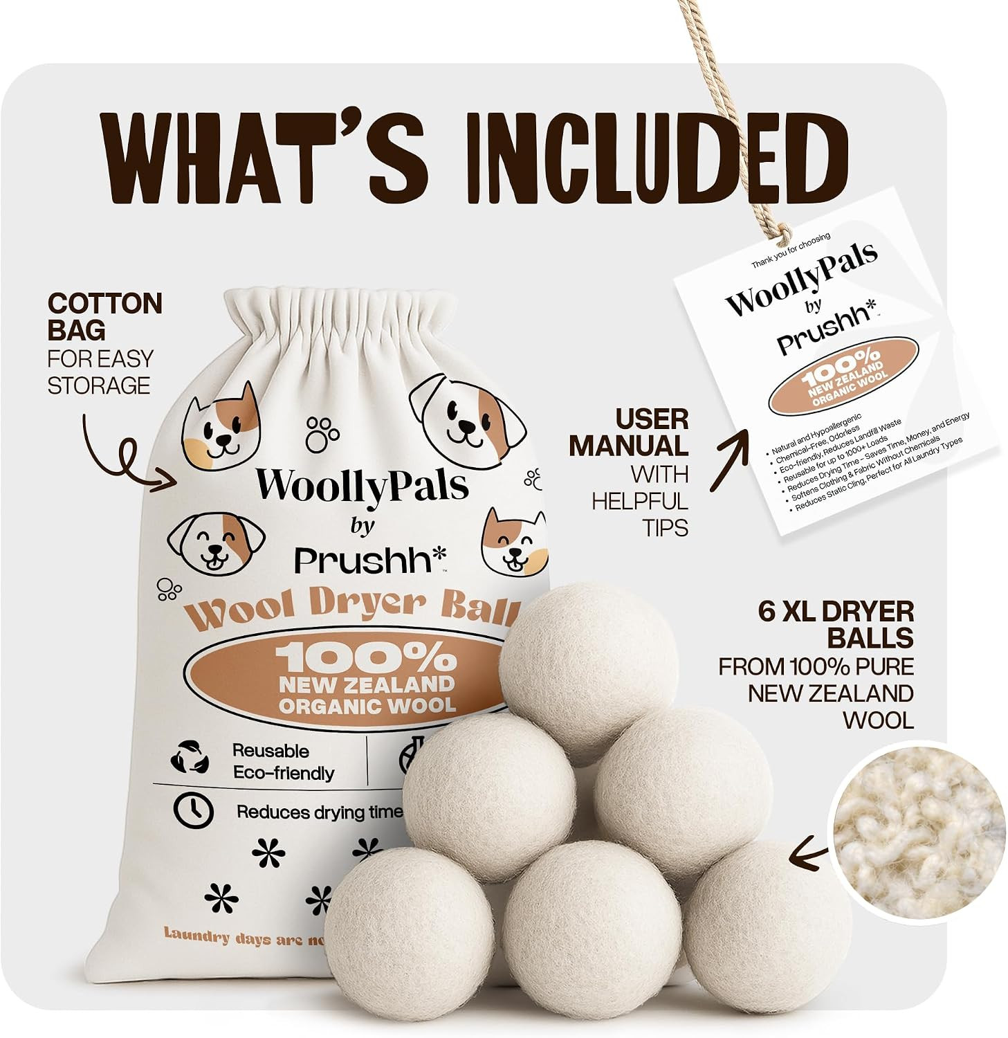 Woollypals Dryer Balls (6-Pack, XL Size) – 100% New Zealand Wool – No More Dryer