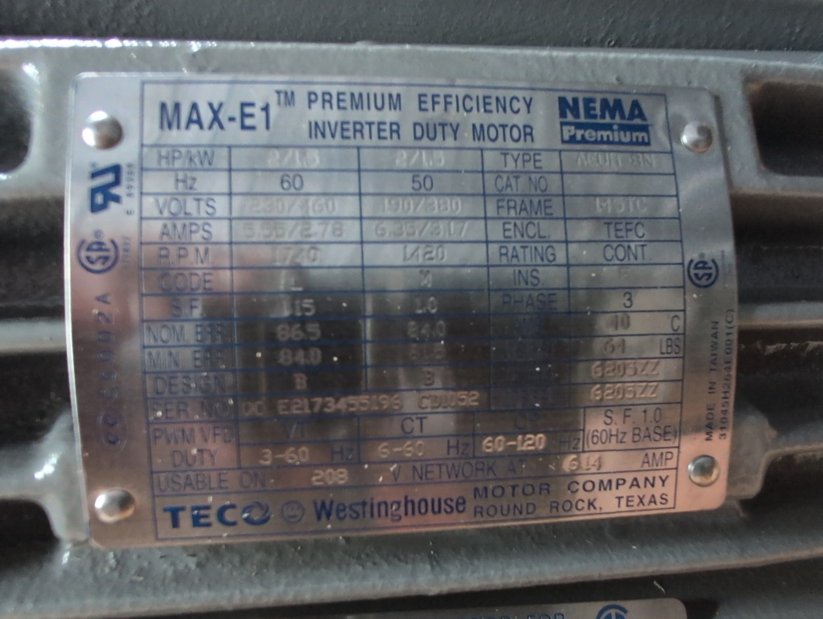 New TECO Westinghouse MAX-E1 Premium Efficiency Inverter Duty Hazardous Location