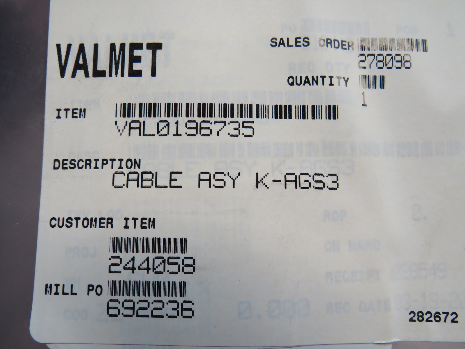 Dametric AB K-AGS3 Cable Assy Valmet VAL0196735
