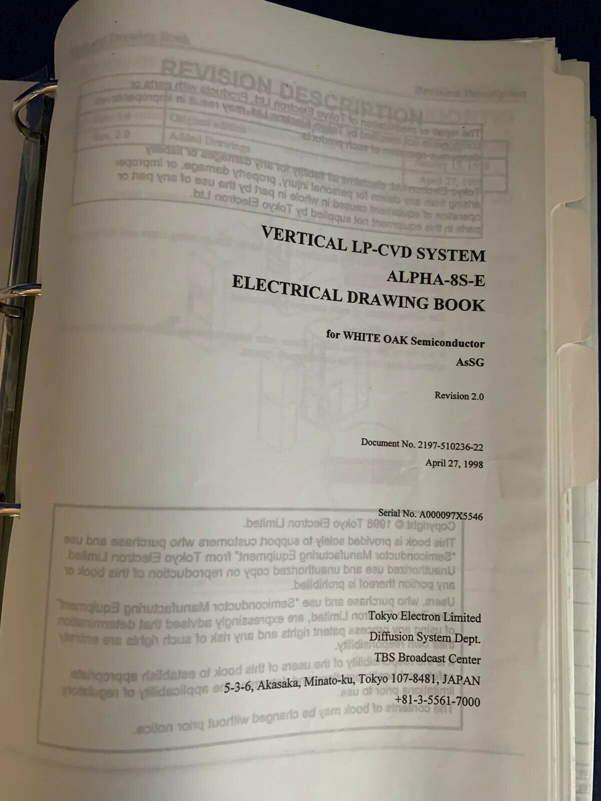 Tokyo Electron ALPHA-8S-E Vertical LP-CVD AsSG Electrical Drawing Book