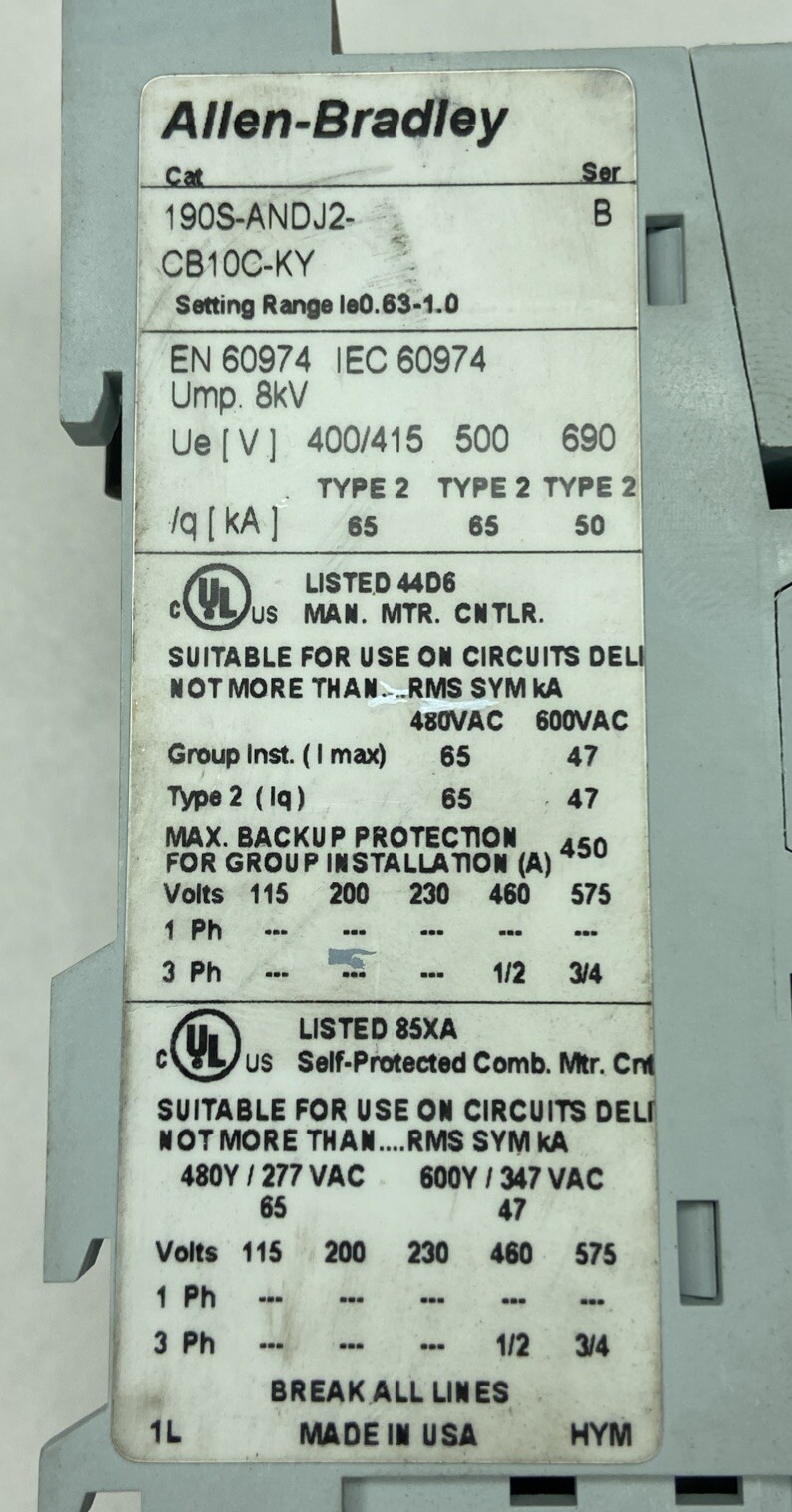Used Allen Bradley Assembly 190S-ANDJ2-CB10C-KY, 140M-CE-B10, 100-C09D*10,138876
