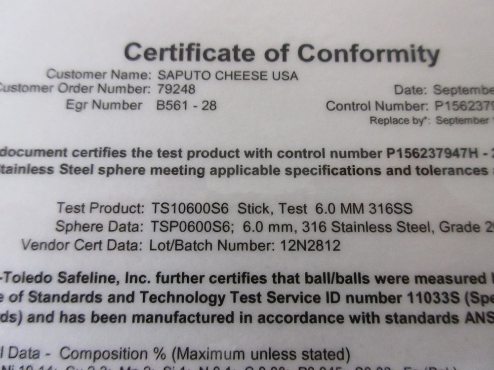 Mettler Toledo TS10600316SS Safeline Metal Detector Stick TS1 6.0MM 316SS
