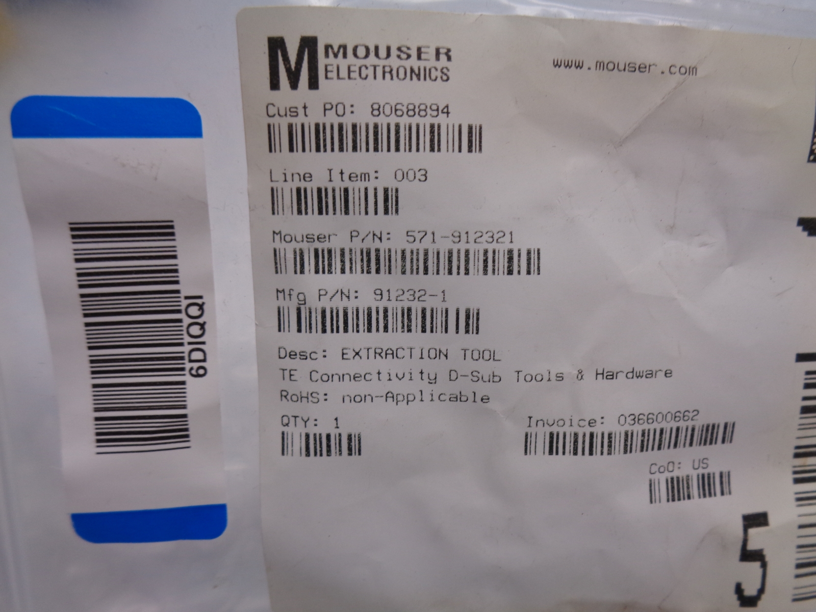 MOUSER ELECTRONICS 91232-1 571-912321 EXTRACTION TOOL NSMP