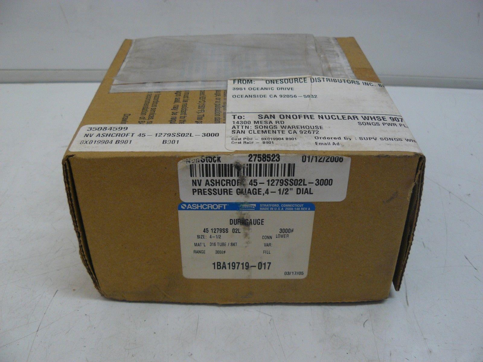 NEW ASHCROFT 45 1279 SS 02L DURAGAUGE 0-3000 PSI SIZE 4 1/2″ DIAL