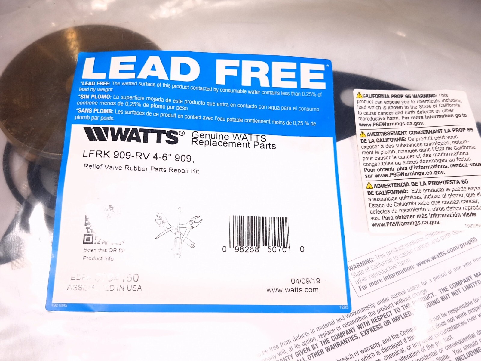 WATTS 0794150 LFRK 909-RV 4-6″ 909 RELIEF VALVE RUBBER PARTS REPAIR KIT