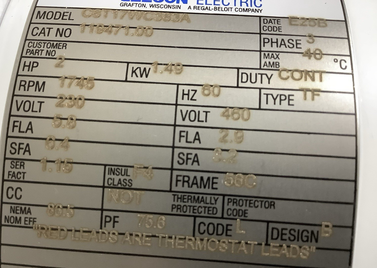 Leeson 119471.00 Washdown Duty Motor 2HP 1745 RPM 56C Frame C6T17WC383A 3-Phase