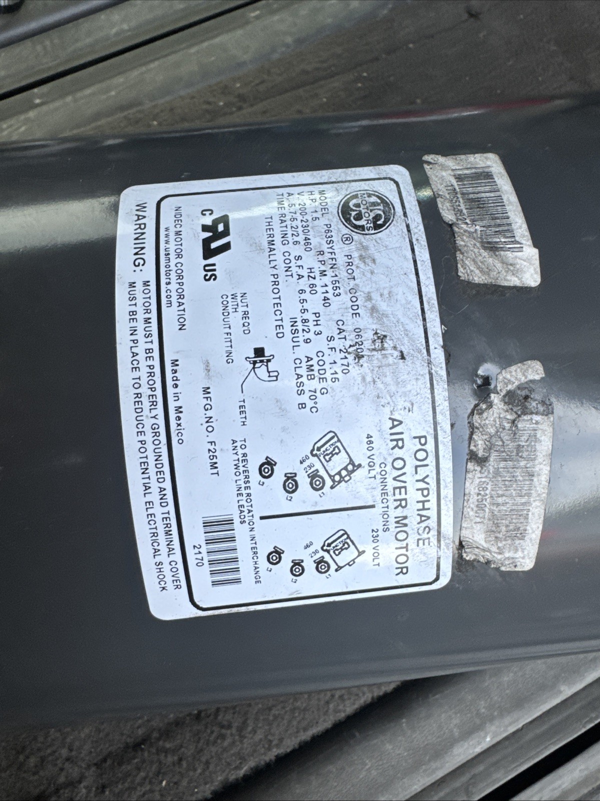Us Motors Emerson P63SYFFN-1553, 1.5 H.P. Polyphase Motor 3 Phase