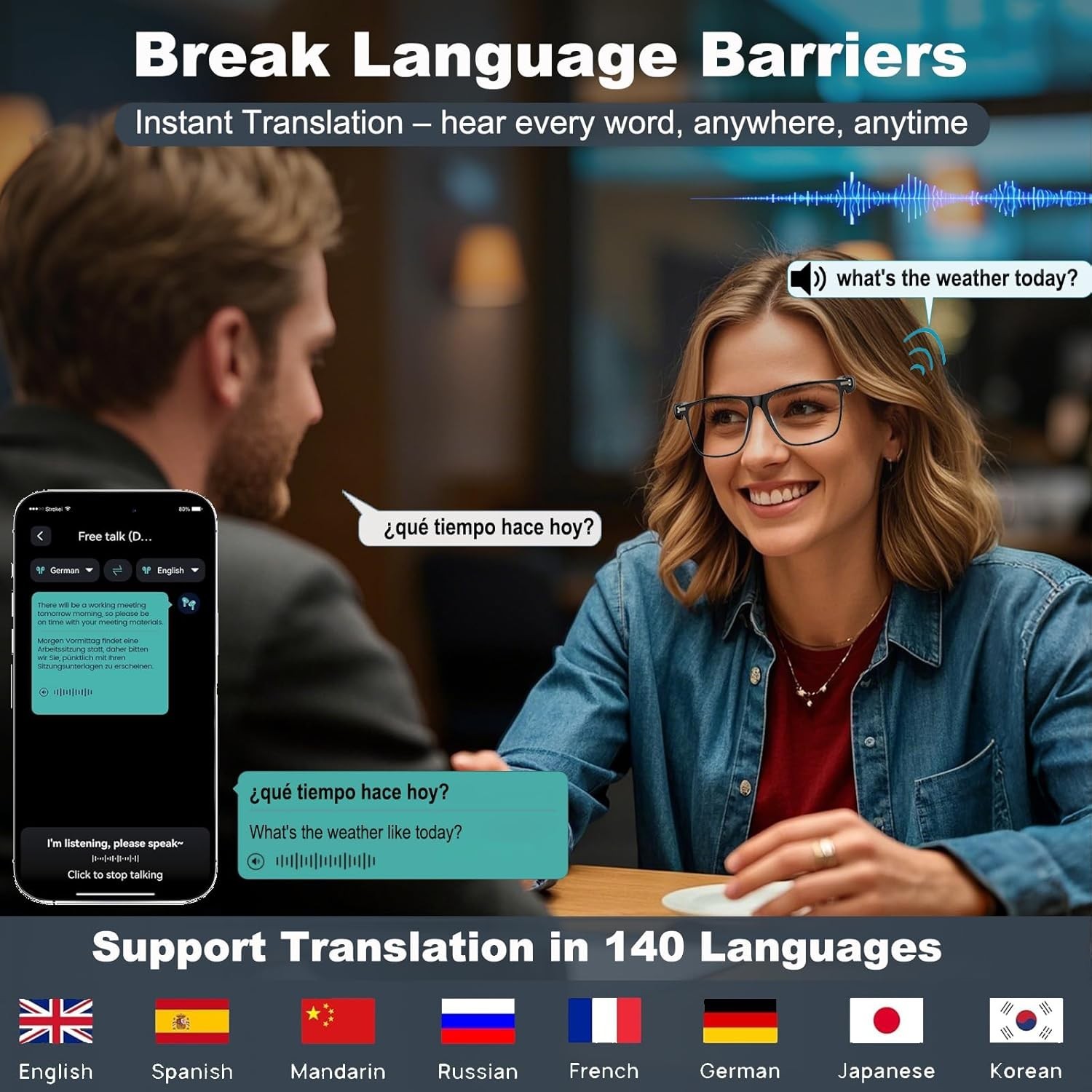Lentes inteligentes De Traducción AI Chat GPT 164 Idiomas Traductor Tiempo Real