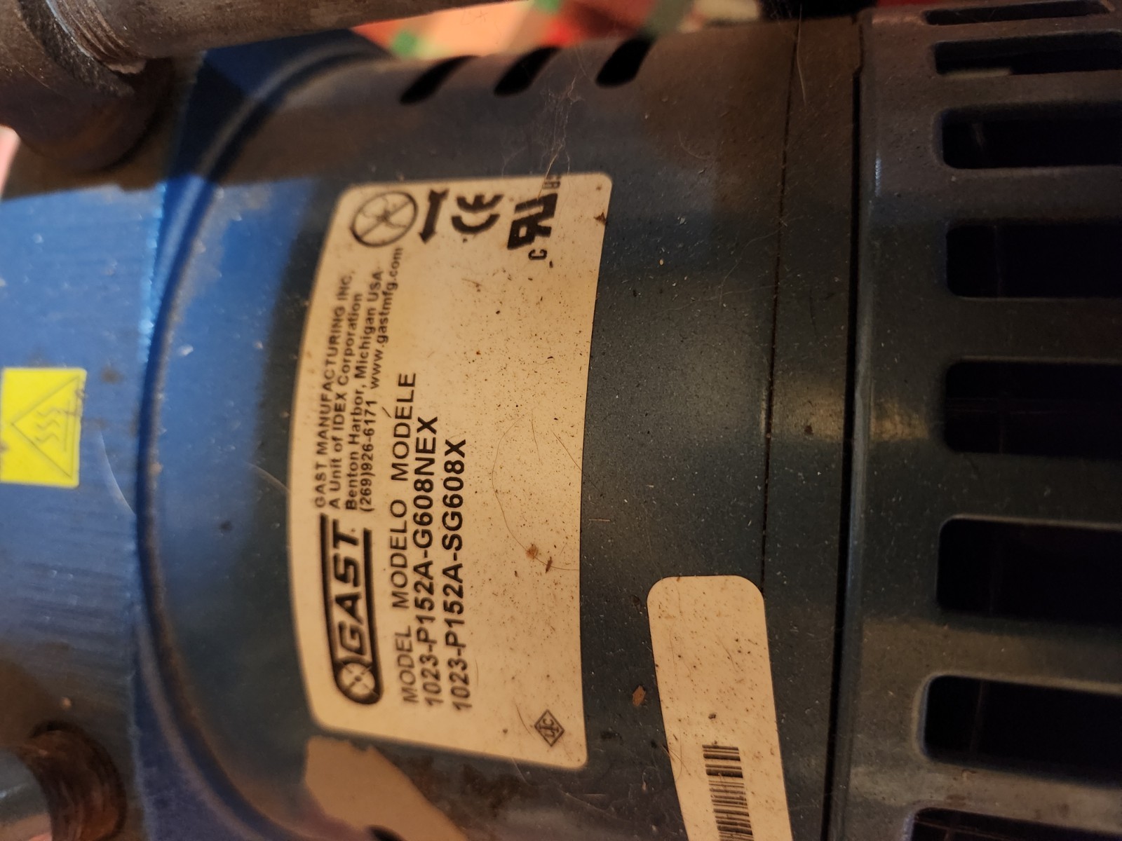 GAST 1023-V152A-G608NEX Rotary Vane Vacuum Pump 3/4HP 1725RPM C63CXHHB-4943