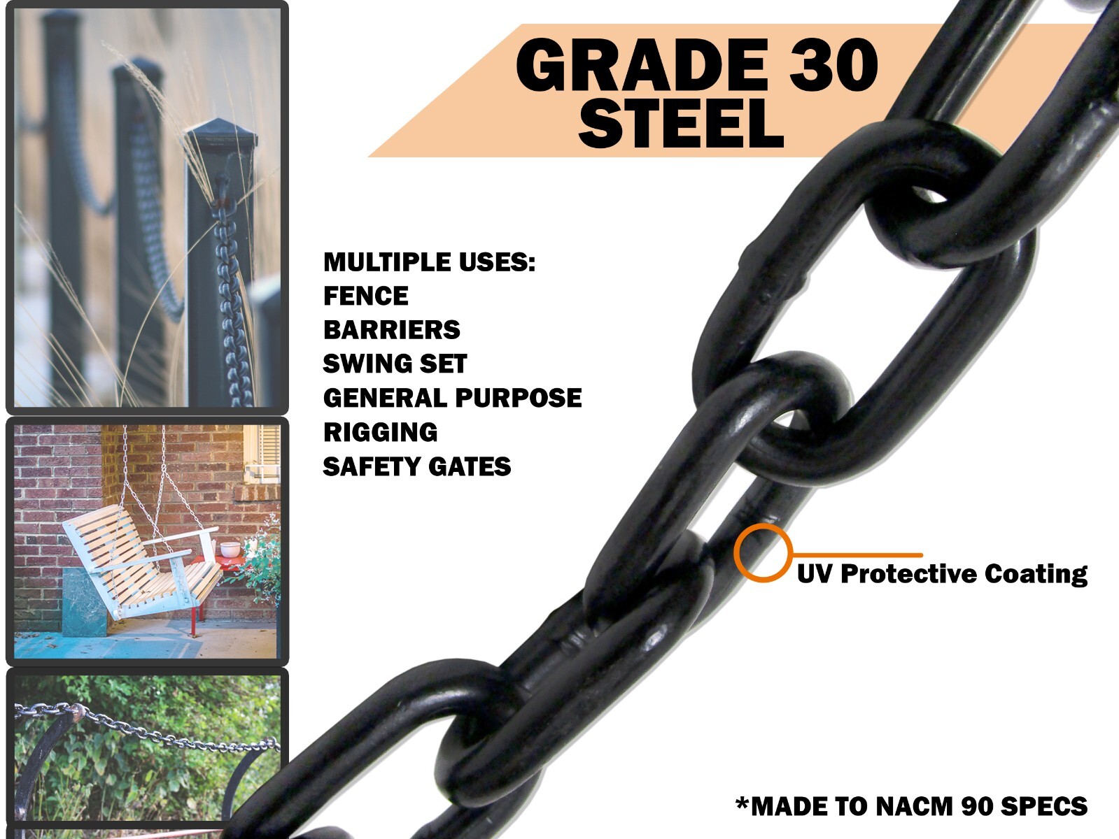 1/4″ X 20′ GRADE 30 Black Proof Coil Powder Coated Safety Chain Swing Set Decor