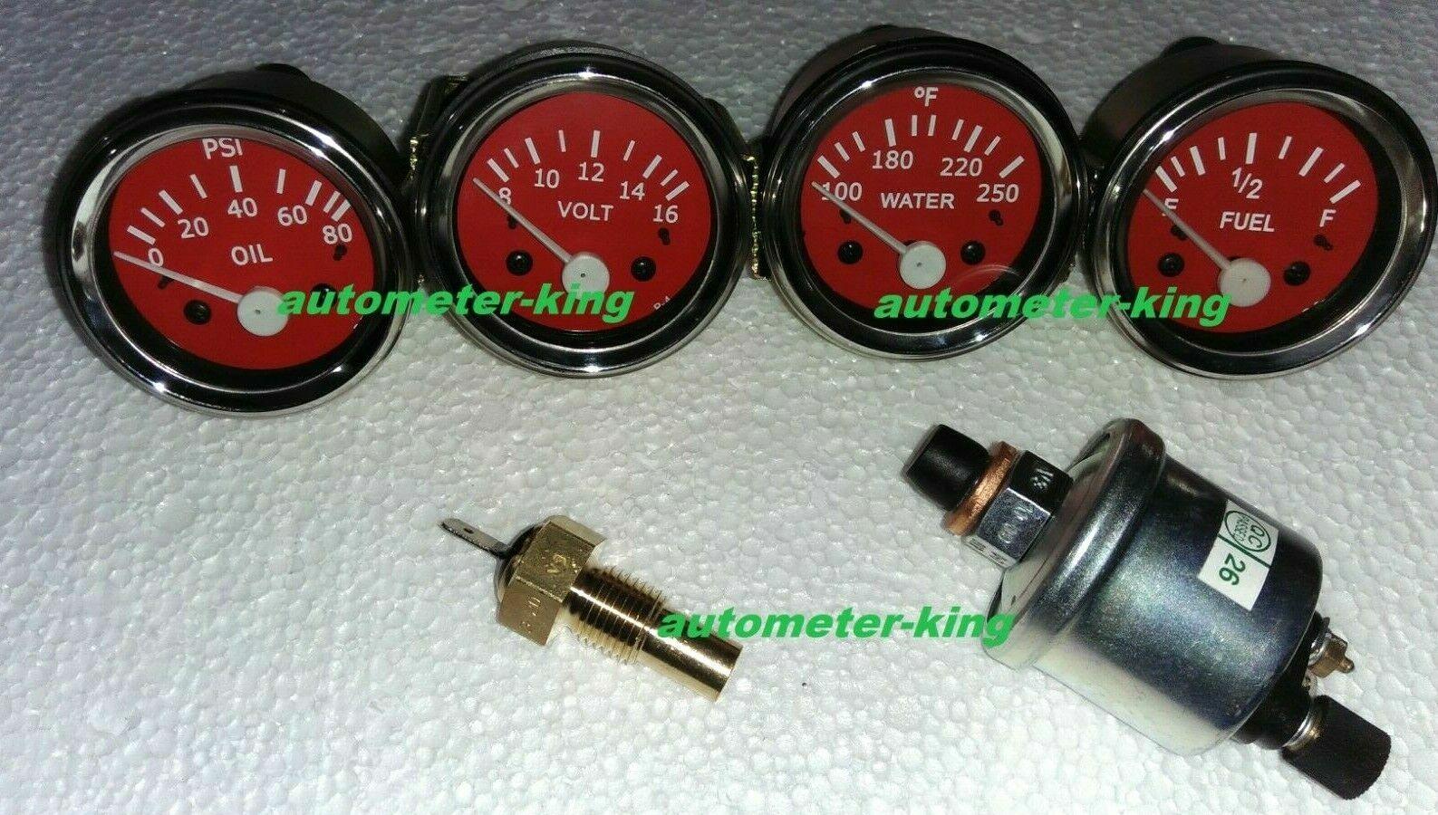 With Oil+temp Sender 52mm Electrical Oil Pressure + Temp + Volt + Fuel Gauge-Red