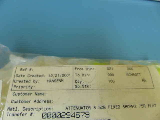 Scientific Atlanta 189418 Qty of 20 per Lot 8.5dB ATTENUATOR TO5 860MHZ 75 O