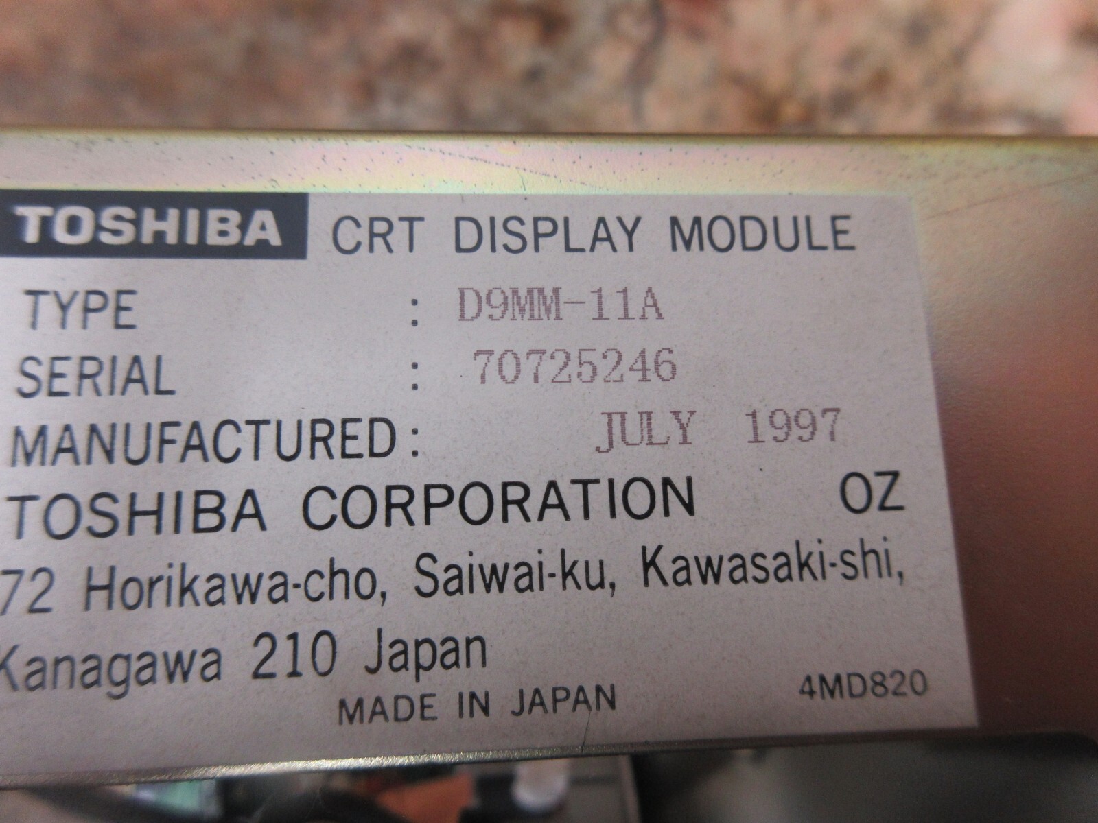 TOSHIBA CRT DISPLAY MONITOR A61L-0001-0093 4MDB059G D9MM-11A 1997