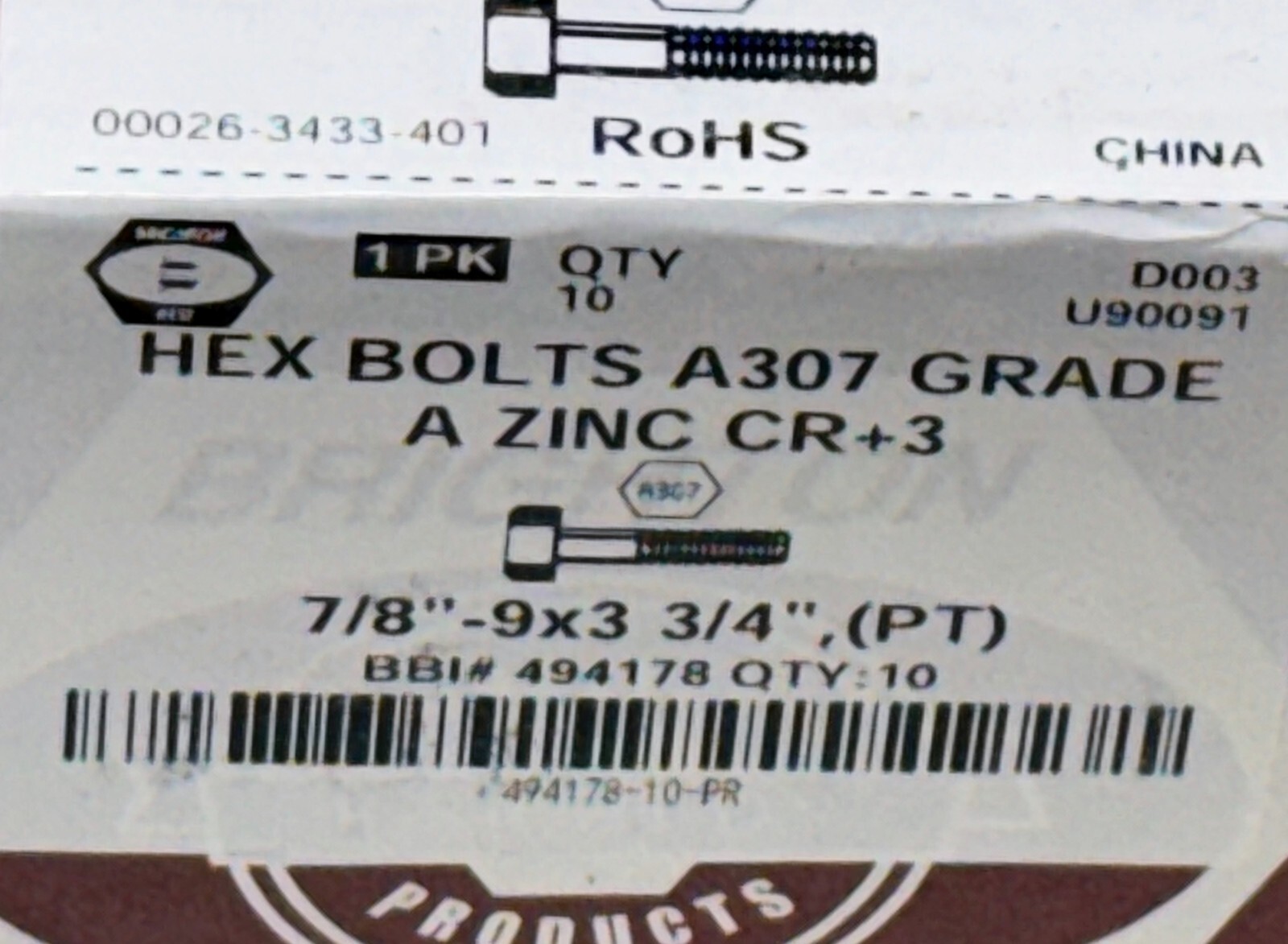 7/8-9 x 3 3/4″ Hex Bolt (PT) Grade A Zinc CR+3 A307 —Qty 10 -Brighton Best