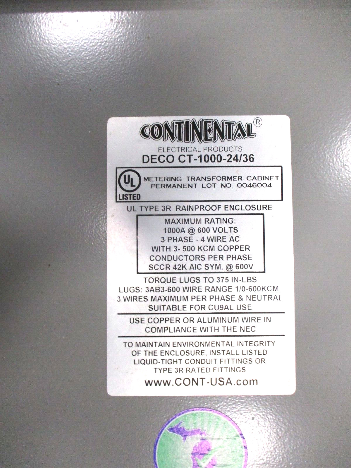Continental Electric DECO CT 1000 24/36 Metering Transformer Cabinet A9011NADC