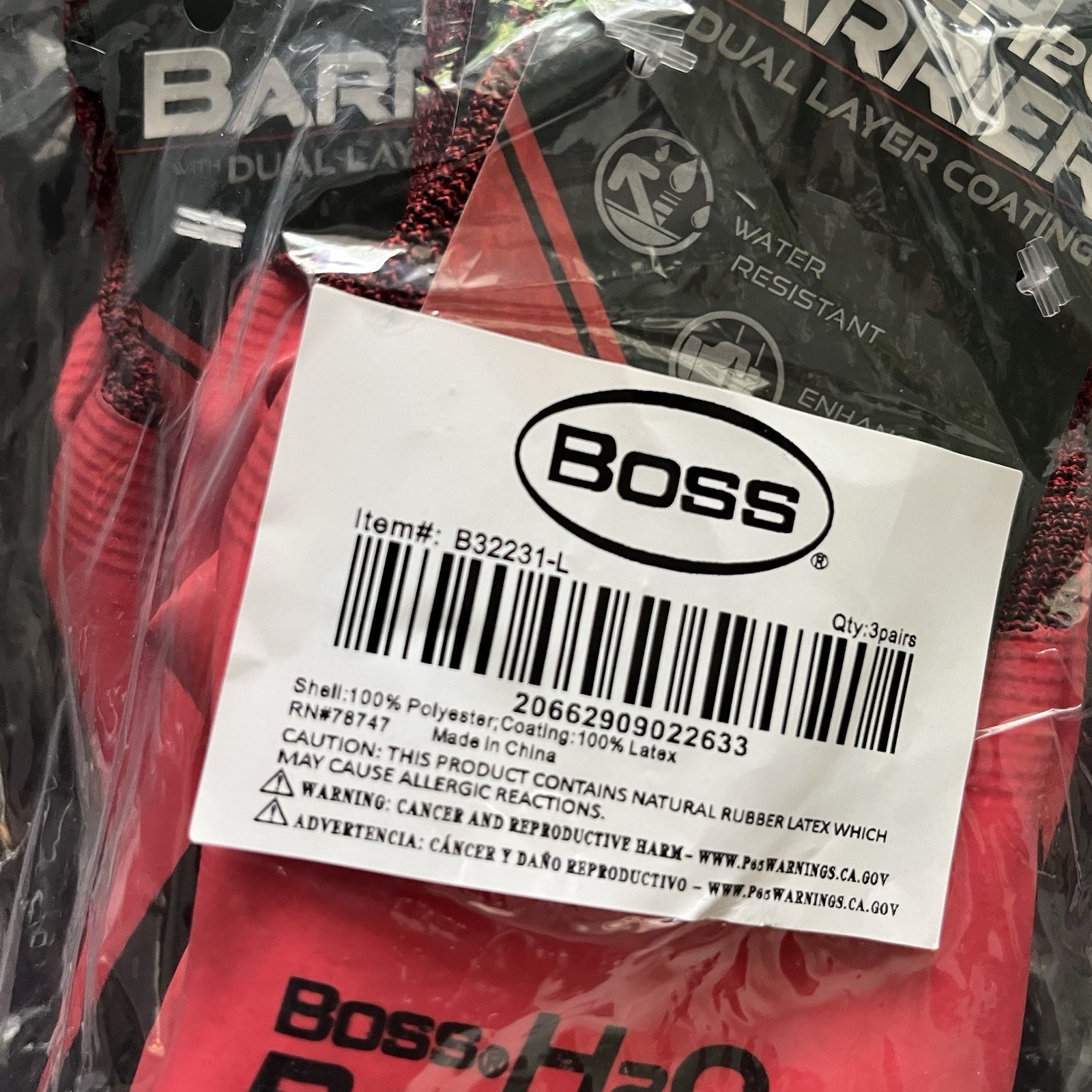 6 Pairs BOSS Men’s H2O Barrier B32231 Fully Coated Double Dipped Work Gloves L