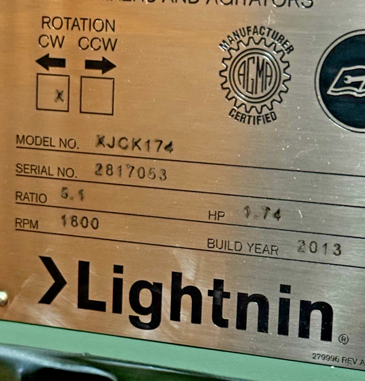 SPX FLOW Lightnin XJCK174 Mixer Agitator 1.74 HP BALDOR Motor XP Hazardous Loc