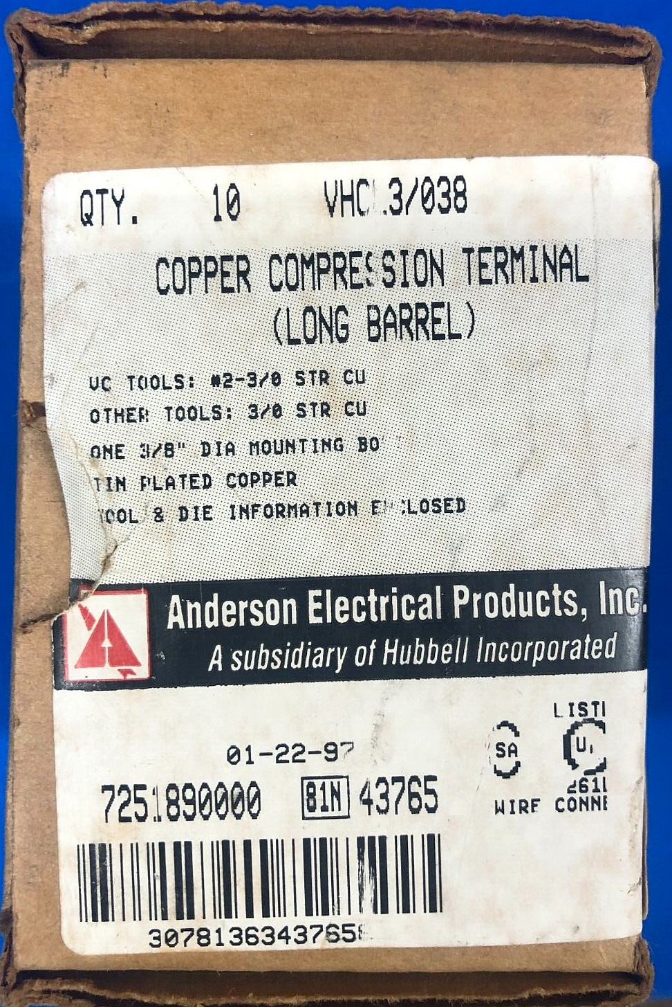 HUBBELL/ANDERSON COMPRESSION TERMINALS LUGS VHCL3/038 1 HOLE 3/0 AWG **QTY 10**