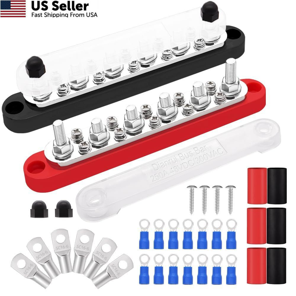 Dianrui 12V Bus Bar 1/4″ Power 6×1/4″(M6);10x#8(M4), Red and Black