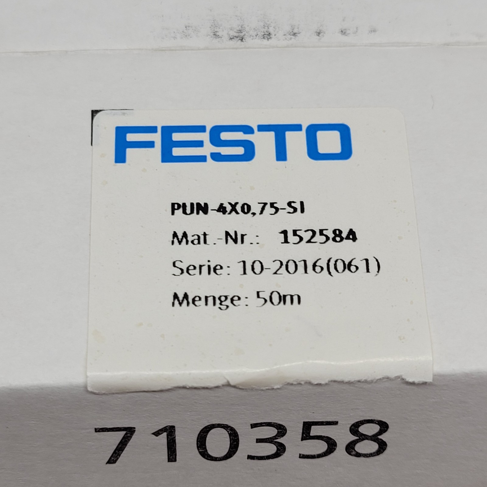 FESTO 152584 Plastic Tubing, 4mm O.D., 50m (Approx. 160′), PUN-4×0.75-SI – NEW