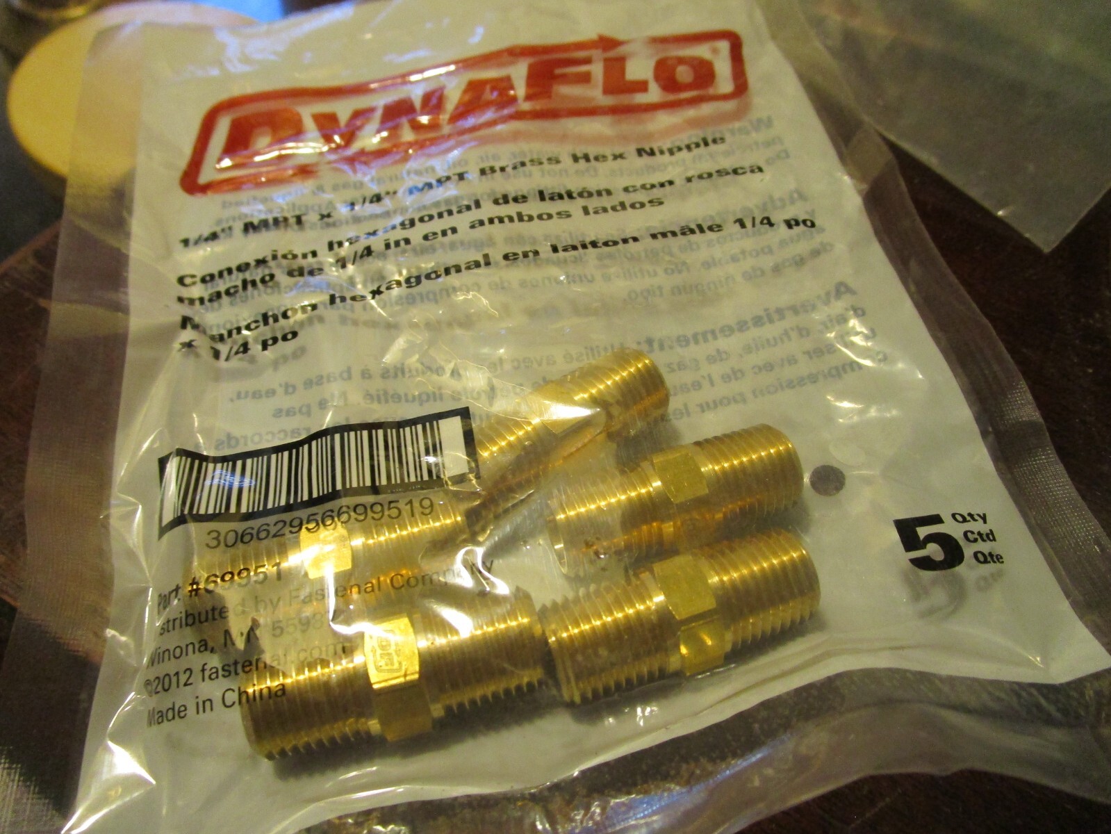 1/4″ x 1/4″MPT Brass Hex Nipple QTY 5