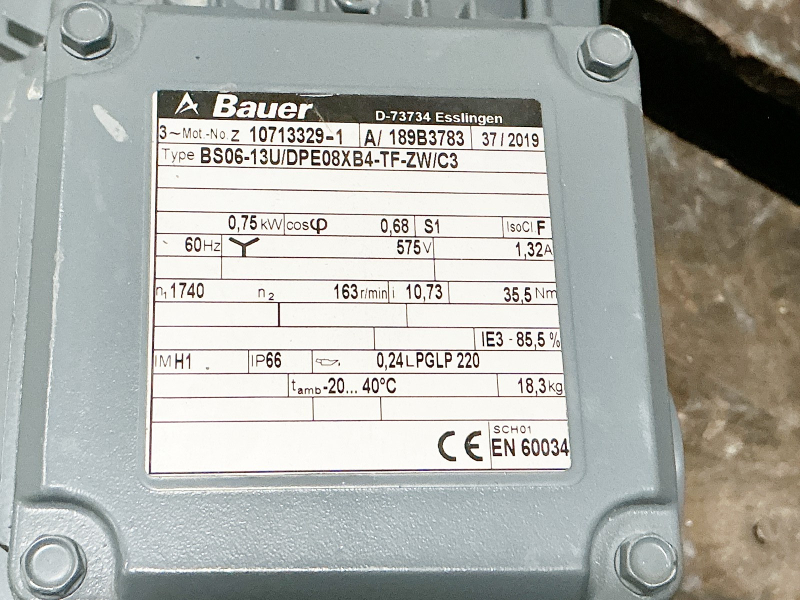 New Bauer 10713329-1 Gear Motor BS06-13U/DPE08XB4-TF-ZW/C3 575V 163RPM Output