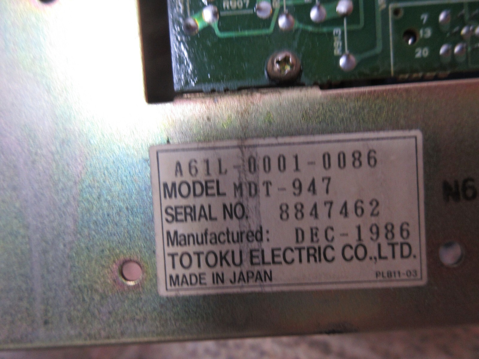 TOTOKU DISPLAY MONITOR A61L-0001-0086 MDT-947 8847462 DEC-1986 WARRANTY