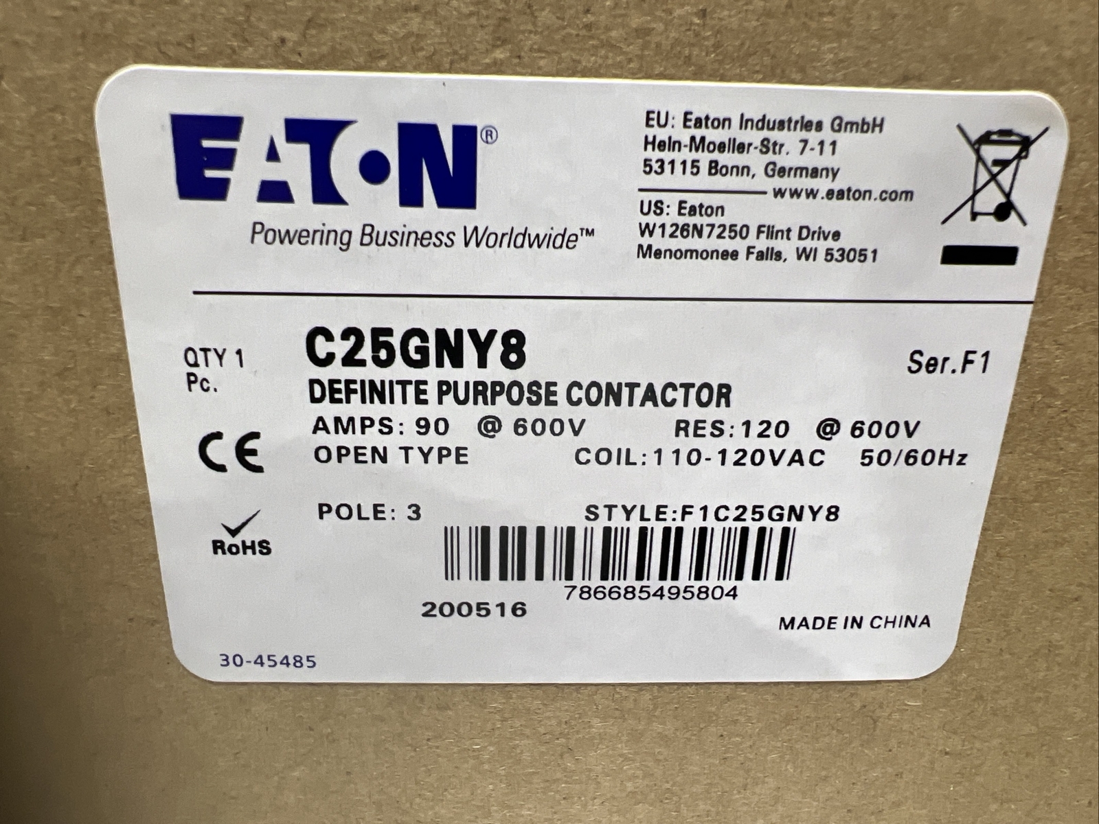 Eaton C25GNY8, Definite Purpose Contactors Non-Reversing 3P 90A 120V 50/60Hz Nos