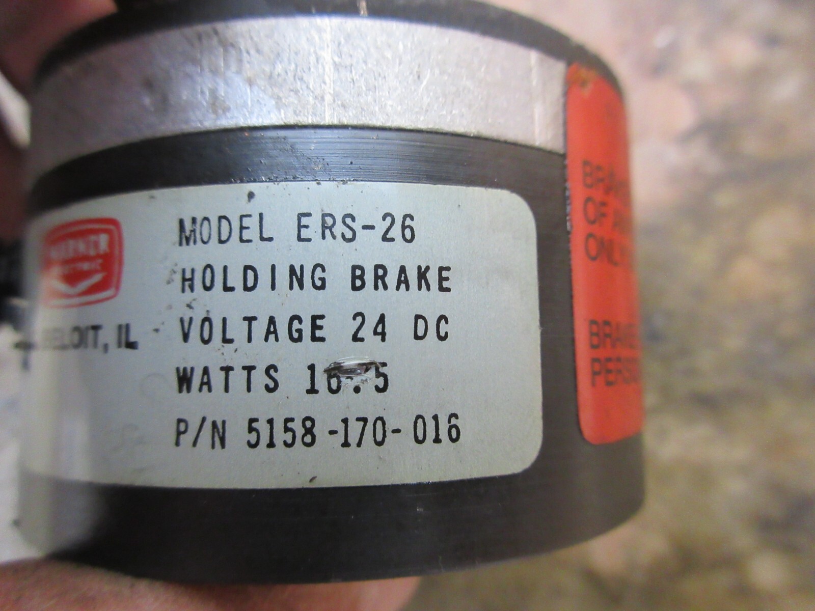 WARNER ELECTRIC ERS-26 HOLDING BRAKE 24VCD P/N 5158-170-016, 3/8” SHAFT ADAPTER