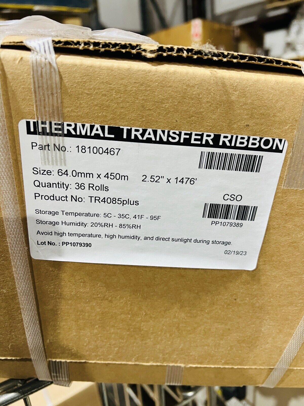 TR4085PLUS WAX 64.0mm 450m RIBBON 2.52″ X 1,476′ CASE of 36 Part 18100467