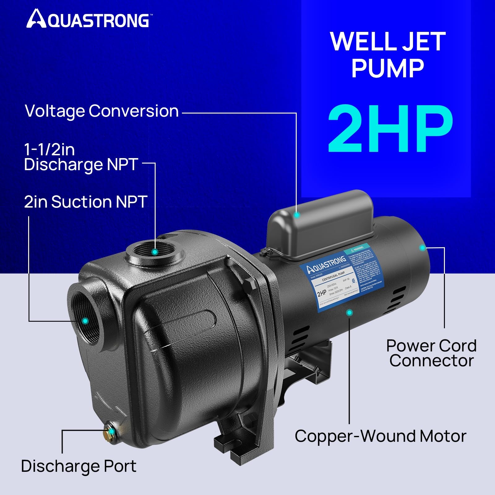 AQUASTRONG 2 HP Shallow Well Jet/Centrifugal Pump, 230V, 5200 GPH, Durable Ca…