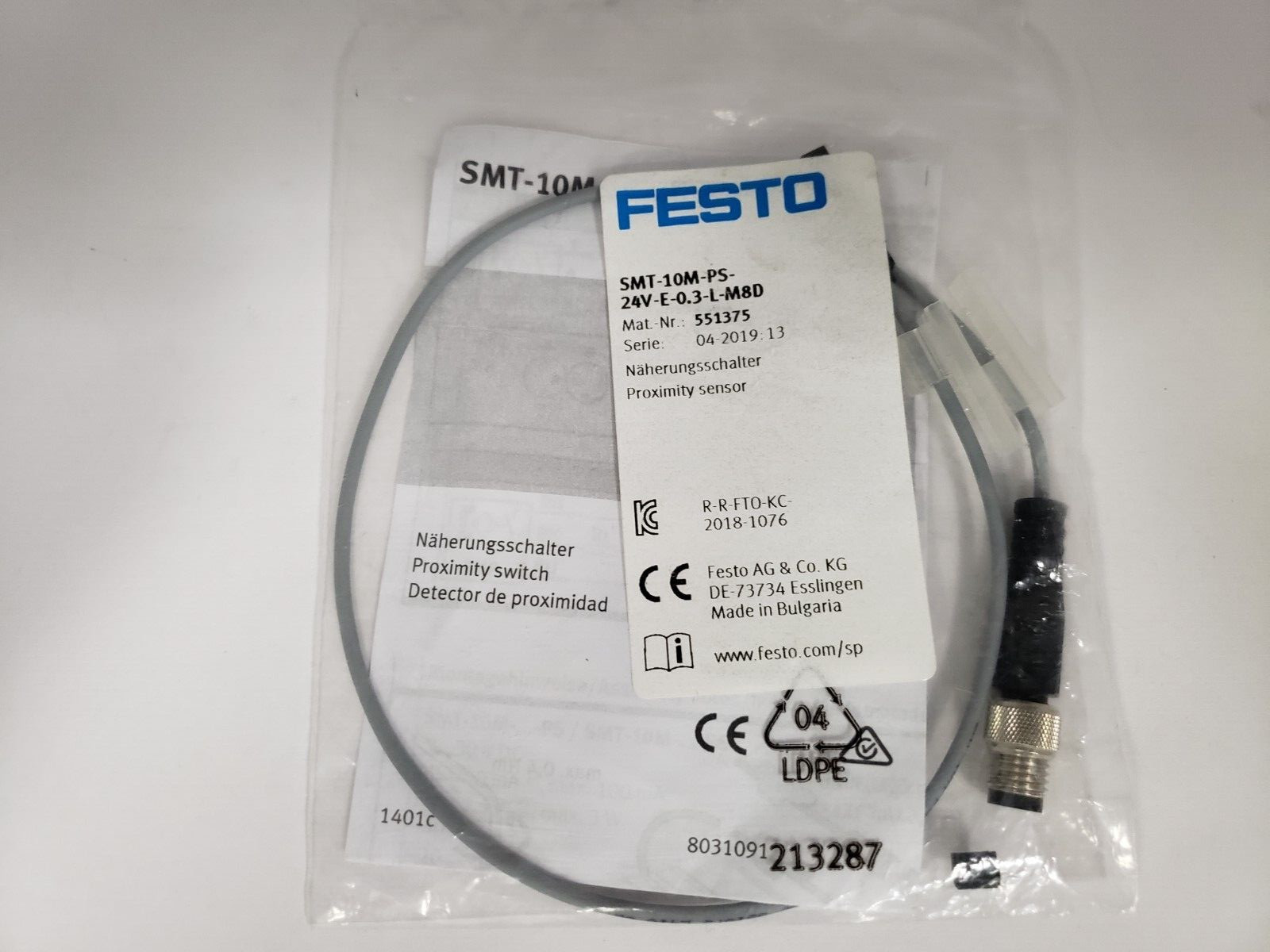 FESTO SMT-10M-PS-24V-E-0,3-L-M8D PROXIMITY SENSOR 24VDC PNP 3 PIN NIB