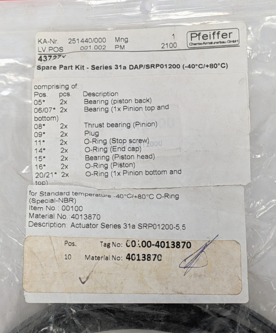 Pfeiffer Spare Part Kit 43727v, Series 31a DAP/SRP01200, KA-Nr. 251440/000.